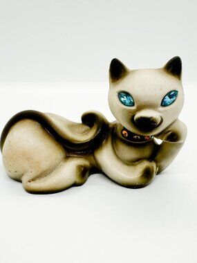 Vintage Roselane Pottery Sparkler Siamese Cat Rhinestone Eyes Collar MCM